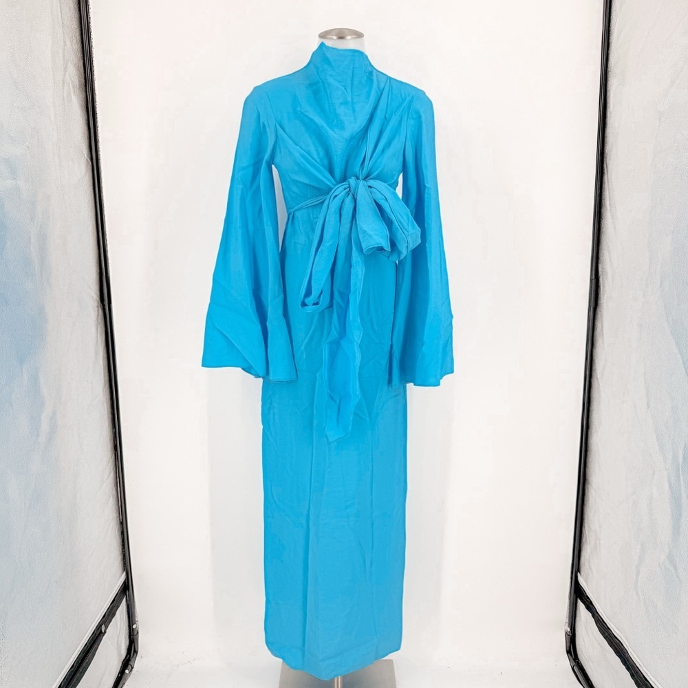ASOS DESIGN high neck maxi dress with wrap waist and fluted sleeve in turquoise - Picture 3 of 12
